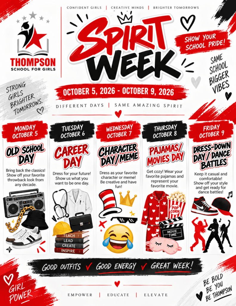 Flyer detailing Spirit Week themes for each day, with costume ideas.