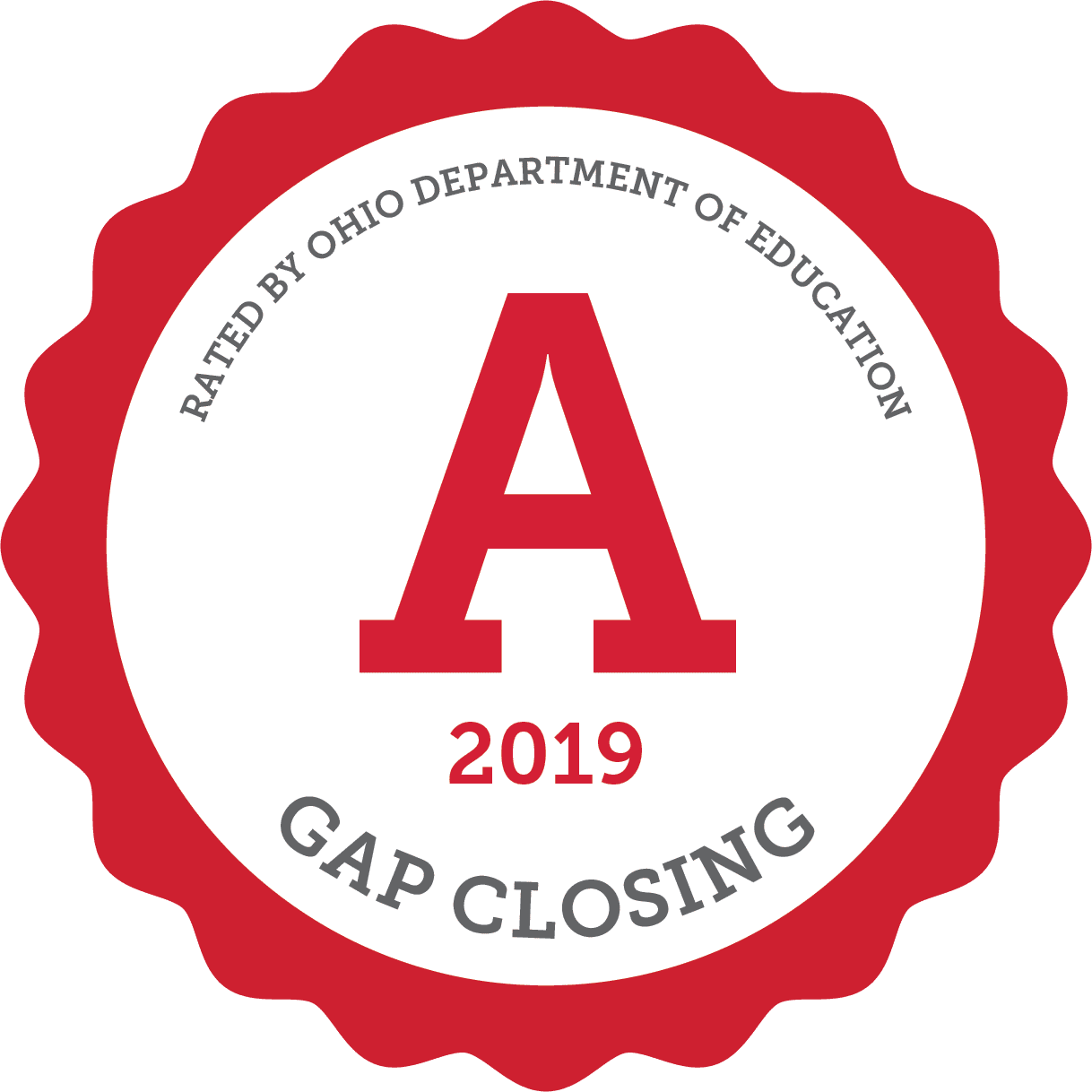 Ohio Department of Education Gap Closing Award seal with a large red 'A'.