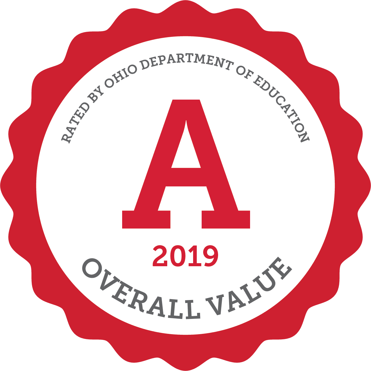 Red and white seal with a large letter A.