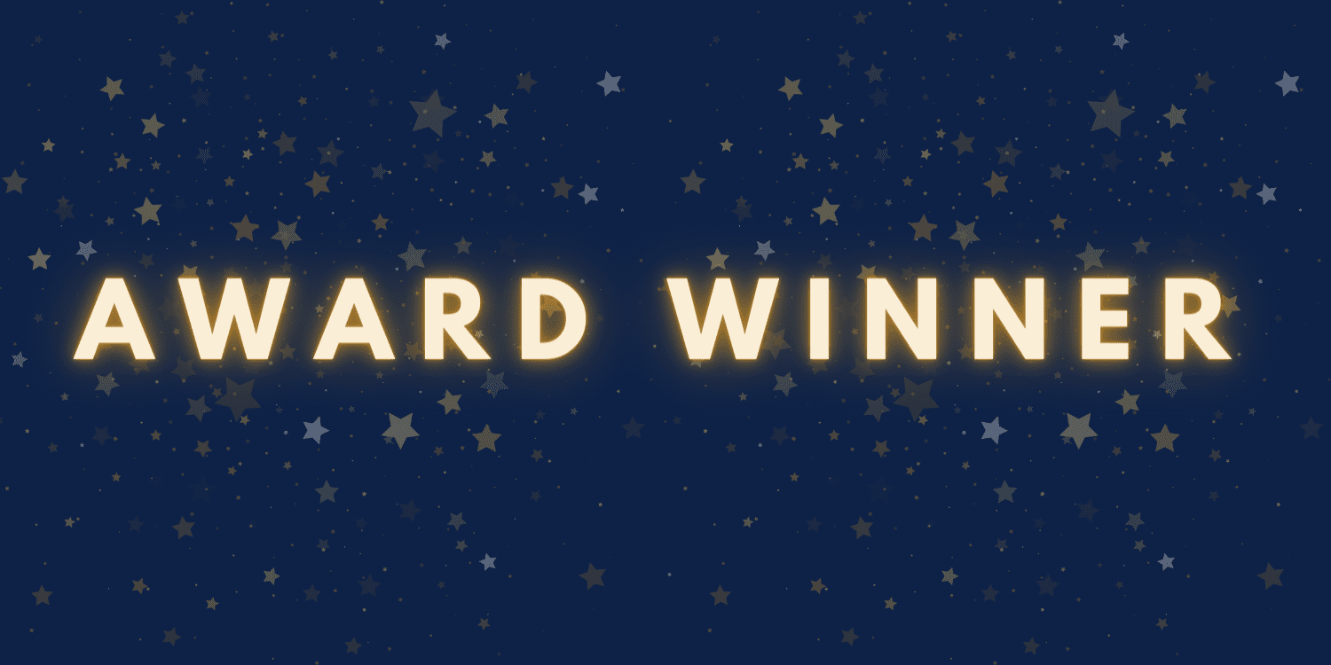 Glowing "AWARD WINNER" text on a starry blue background.
