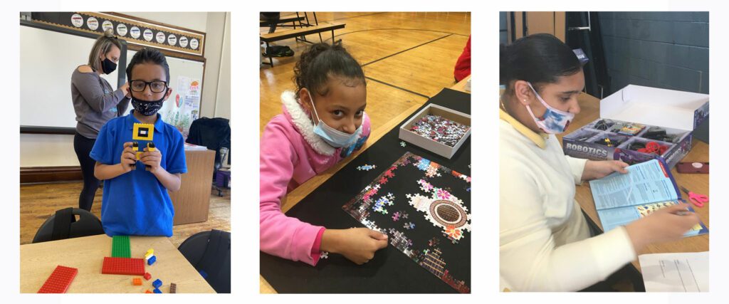 Children building with blocks, doing a puzzle, and working with a robotics kit.