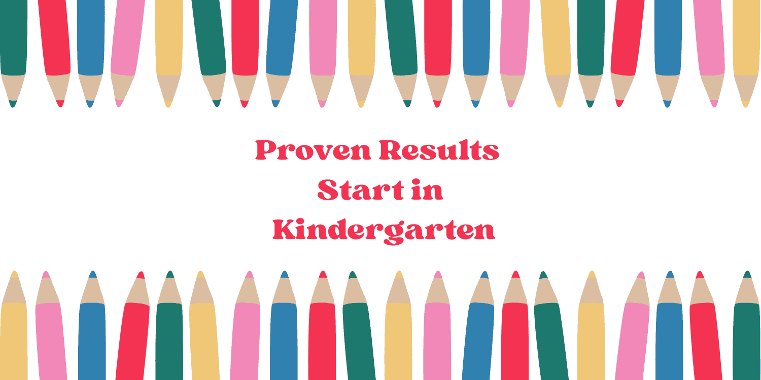 Colorful pencils frame text: Proven Results Start in Kindergarten.