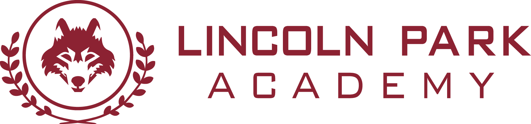Lincoln Park Academy logo with wolf head and text.