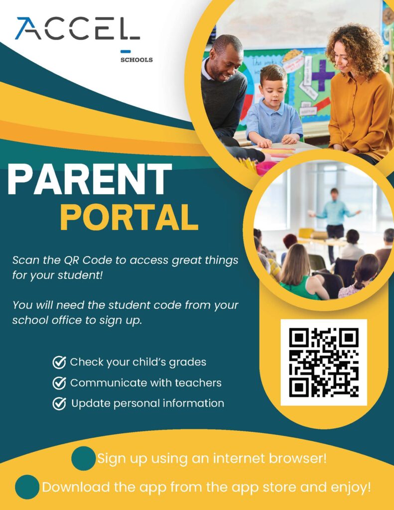 Flyer for parent portal with images of adults and children, QR code.
