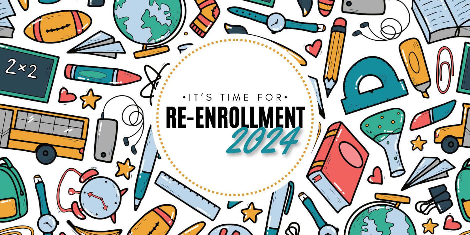 School supplies illustration with "Re-Enrollment 2024" text.