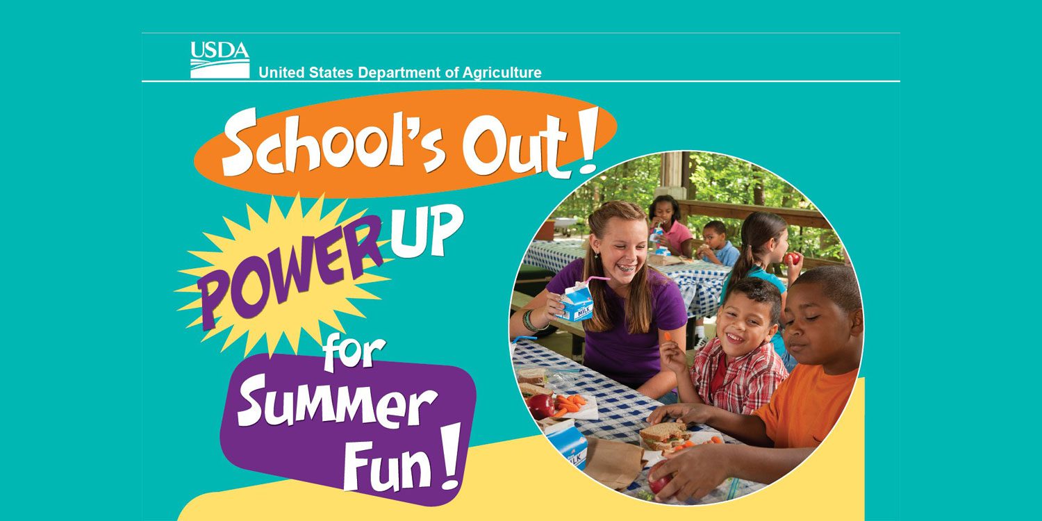 Flyer with text and children eating outdoors.
