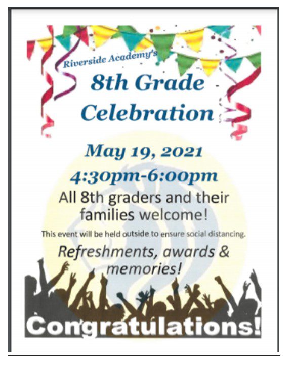 Flyer for 8th Grade Celebration with event details.