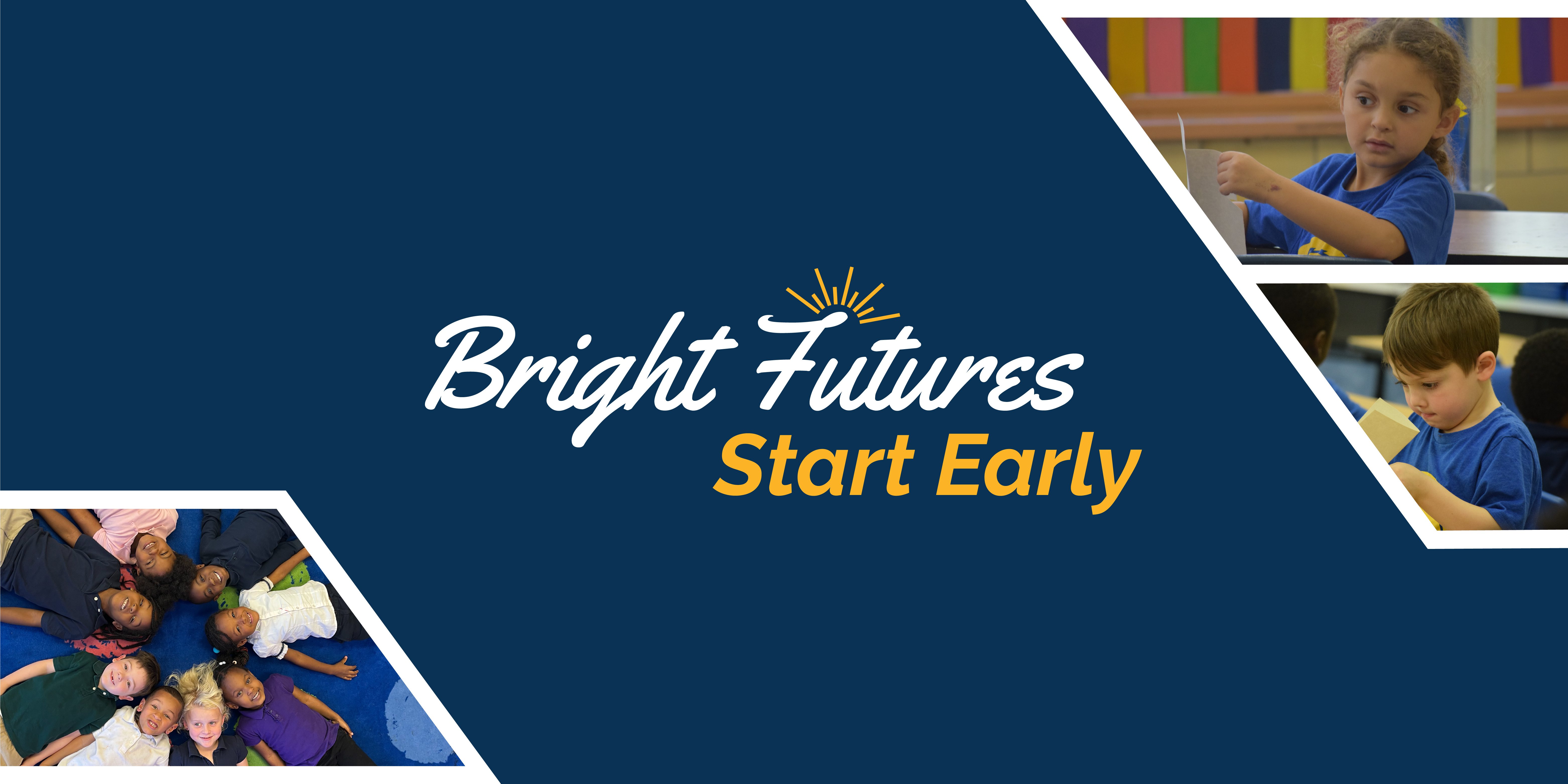 Children learning and playing with "Bright Futures Start Early" text.