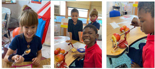 Children peel and eat apples in a classroom.