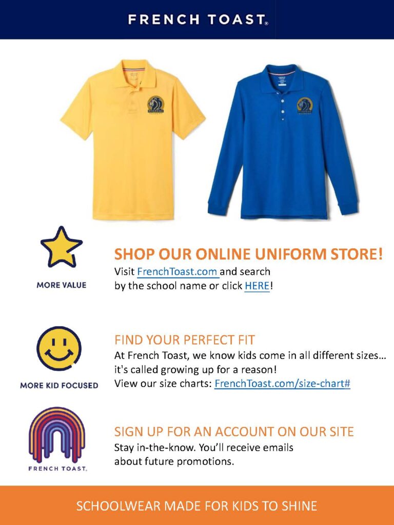 French Toast uniform store flyer with two polo shirts.
