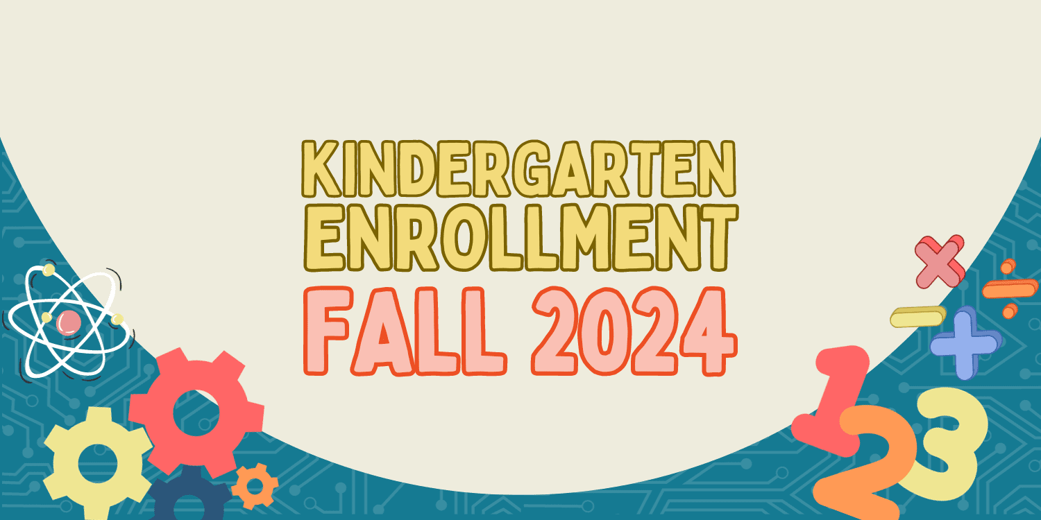 Kindergarten enrollment announcement with educational symbols.