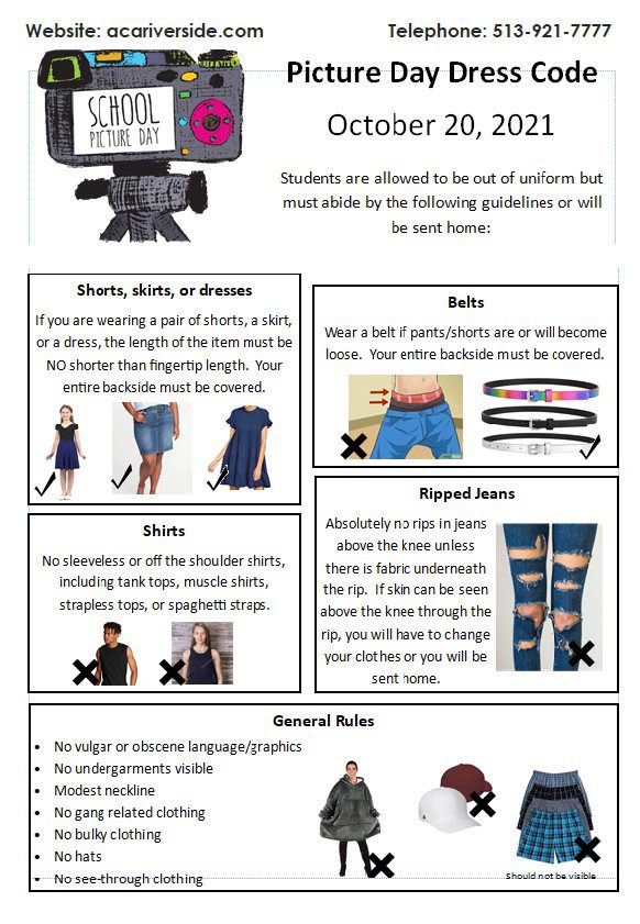 Flyer detailing school picture day dress code rules with examples.