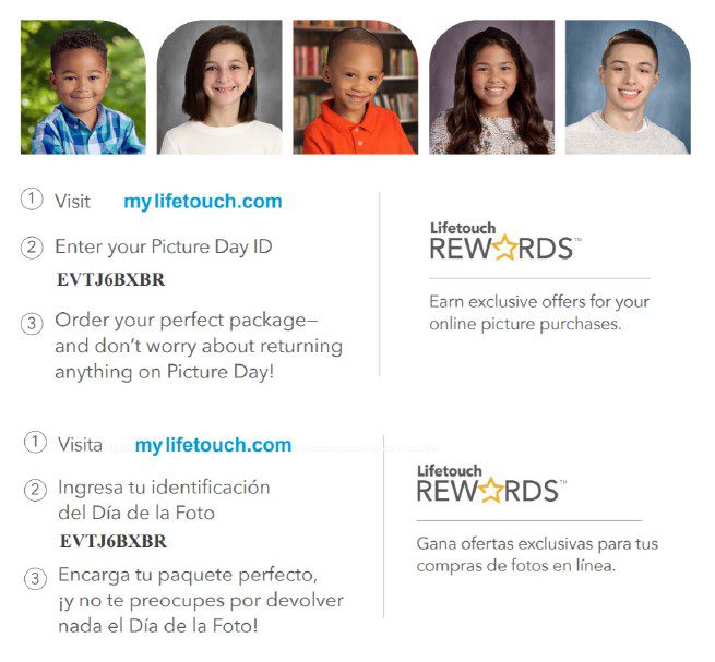 Flyer with children's portraits and instructions for ordering school pictures.