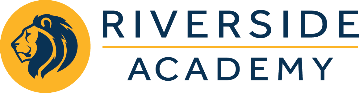 Riverside Academy logo with a lion's head.