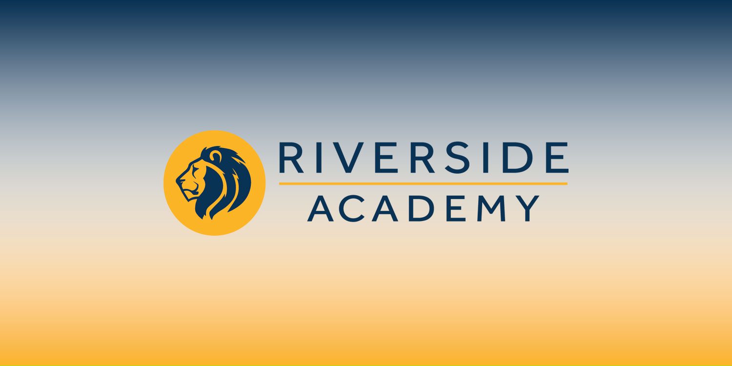 Riverside Academy logo with a lion's head.