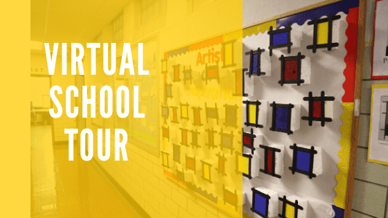 School hallway with student art and "Virtual School Tour" text.