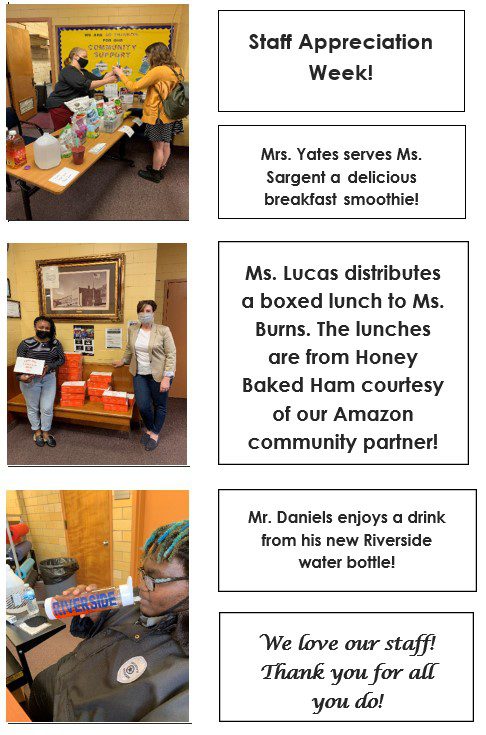 Three photos of adults receiving appreciation gifts during Staff Appreciation Week.