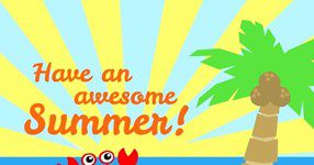 Illustration with sun rays, palm tree, crab, and "Have an awesome Summer!" text.