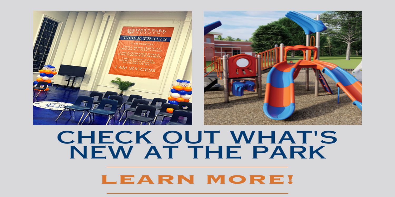Indoor school event with banner; outdoor playground with slides.