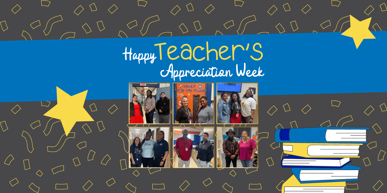Collage with photos of adults, stars, confetti, and books for Teacher Appreciation Week.