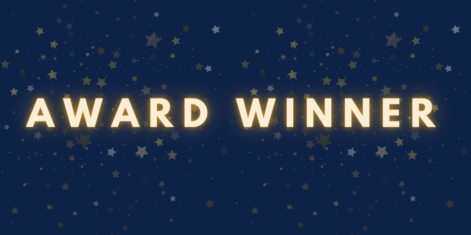 Glowing "AWARD WINNER" text on a starry blue background.