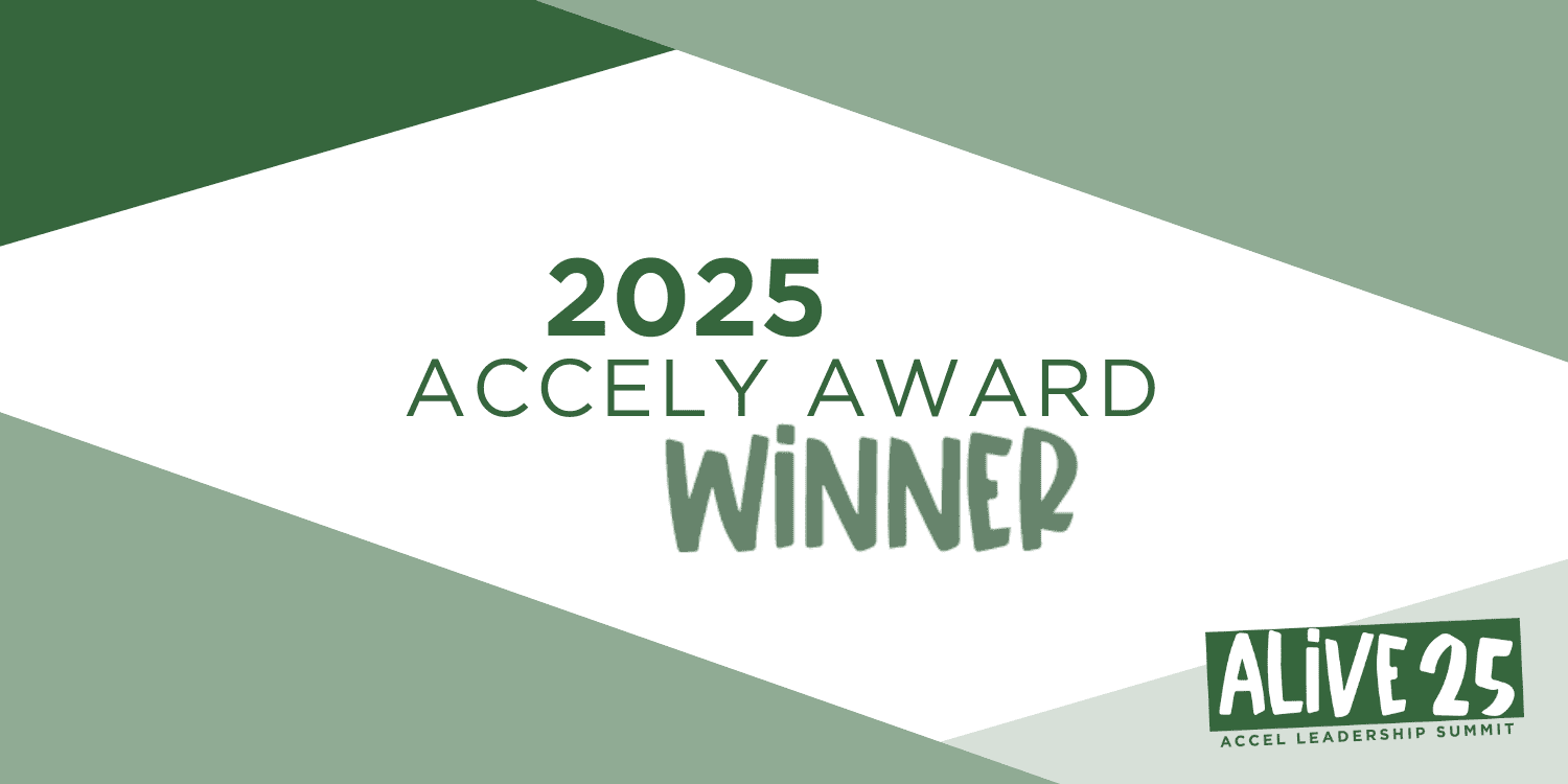 Graphic announcing "2025 Accely Award Winner" with "ALIVE 25" logo.