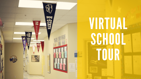 School hallway with college pennants and "VIRTUAL SCHOOL TOUR" text.