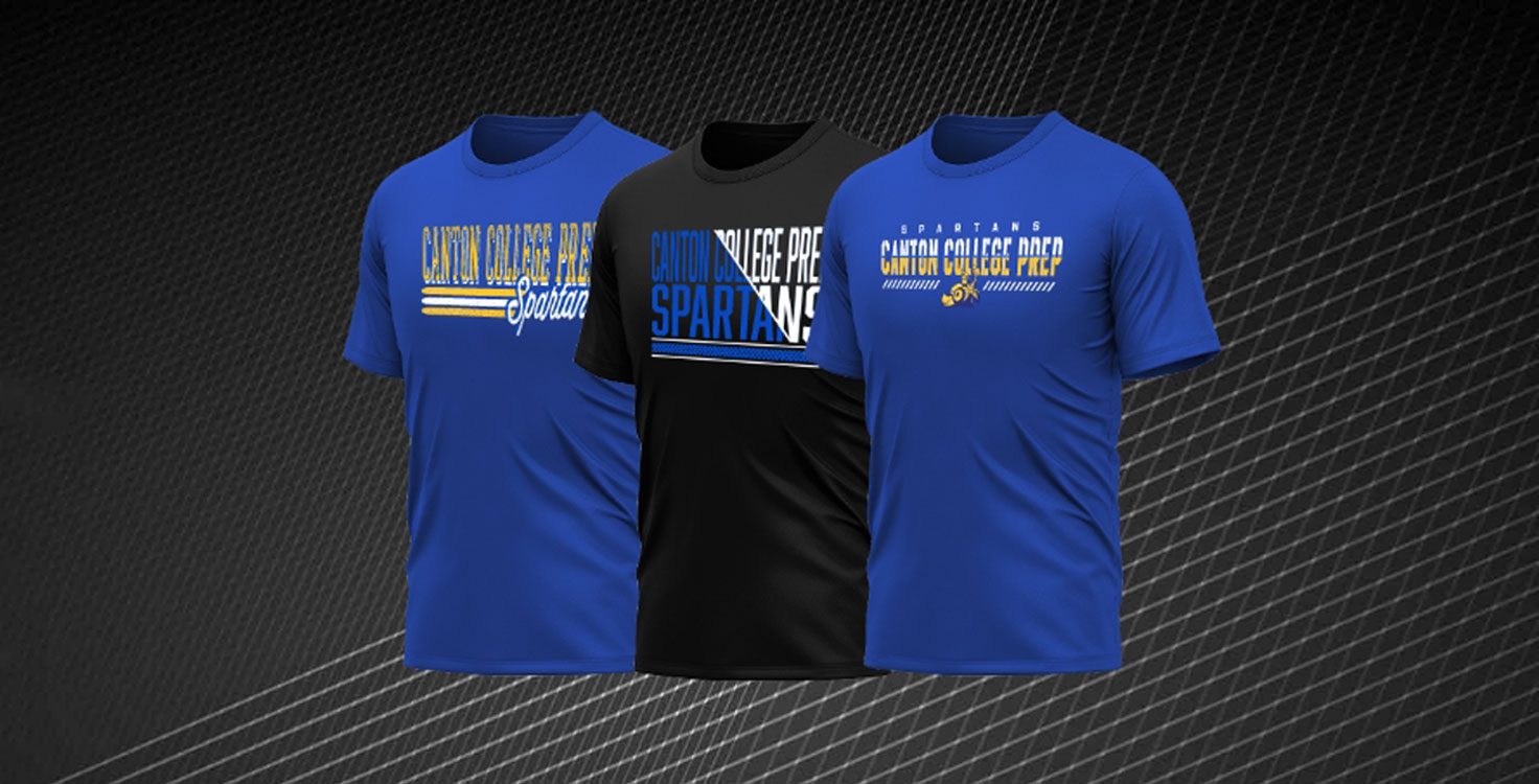 Three t-shirts with school-themed designs.