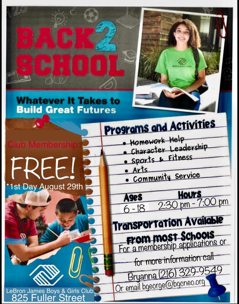 Flyer for back-to-school club membership with images of children and young adult.