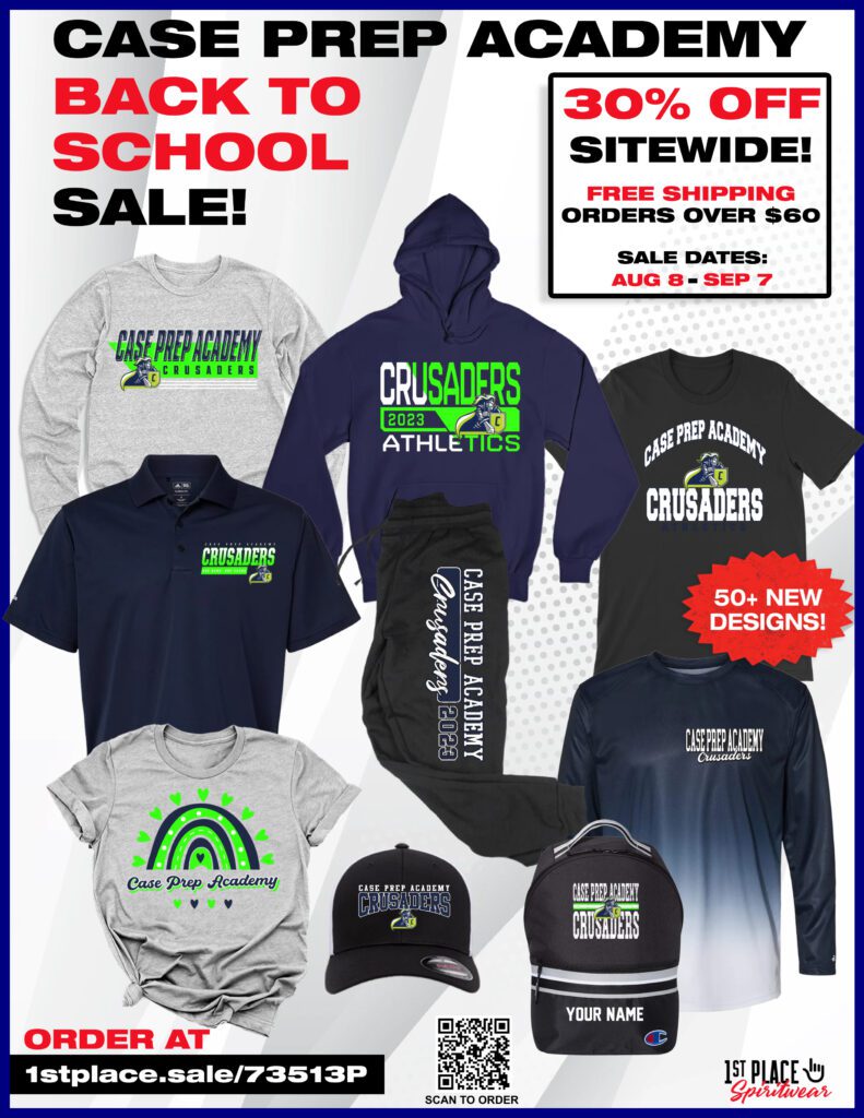 Flyer for Case Prep Academy back-to-school apparel sale.