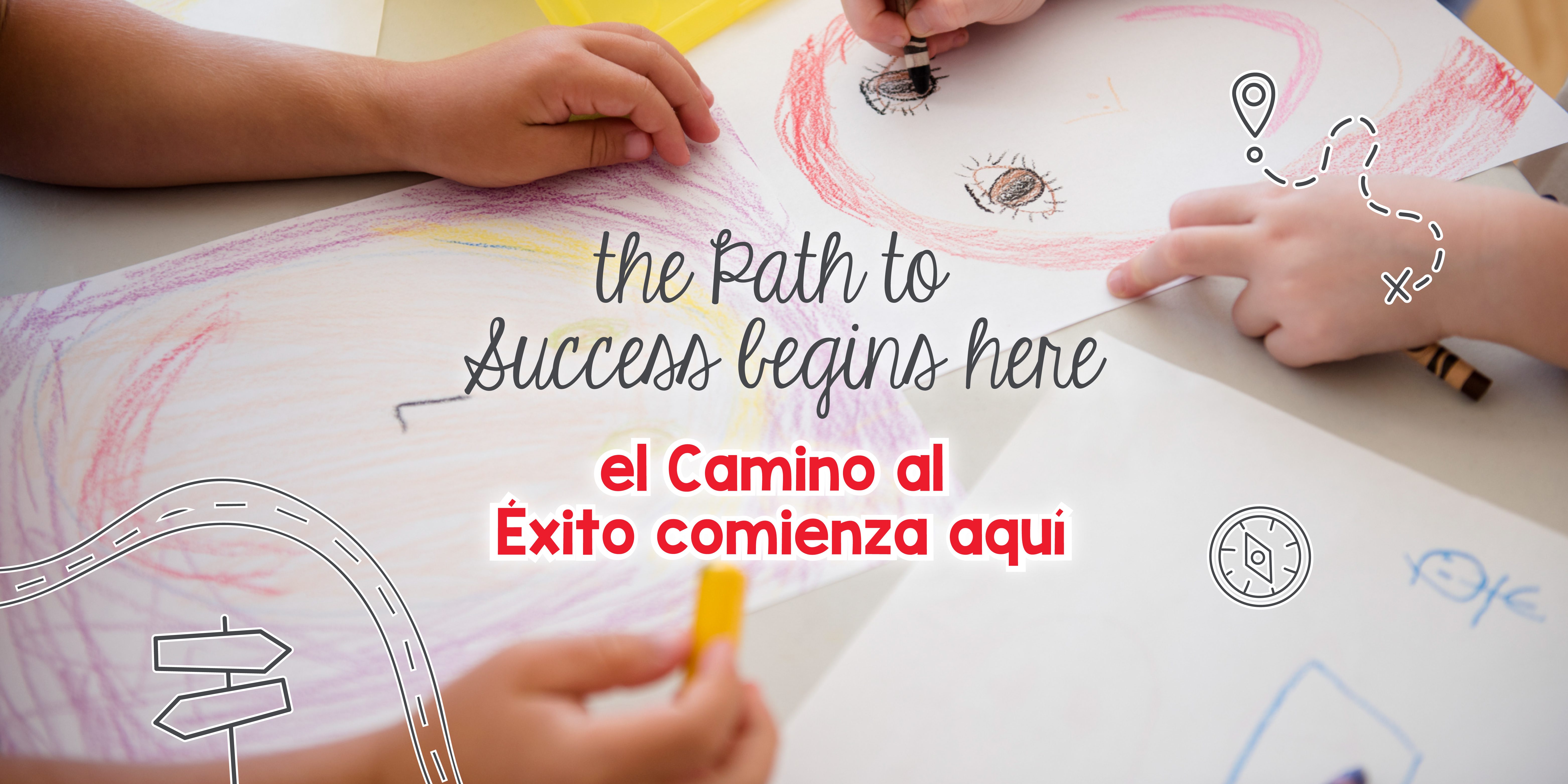 Children drawing with crayons, text about path to success.