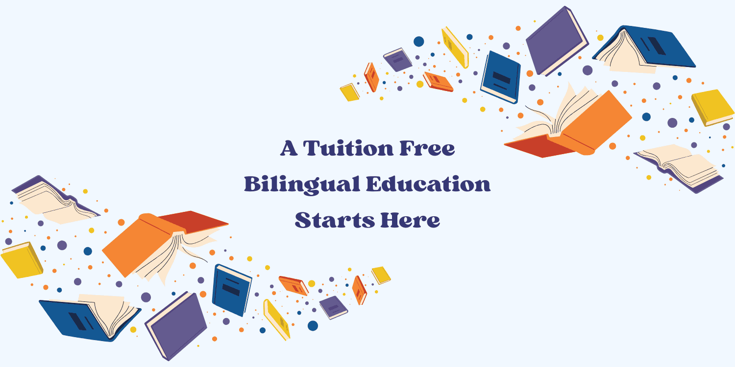 Illustration of books and dots surrounding text about bilingual education.