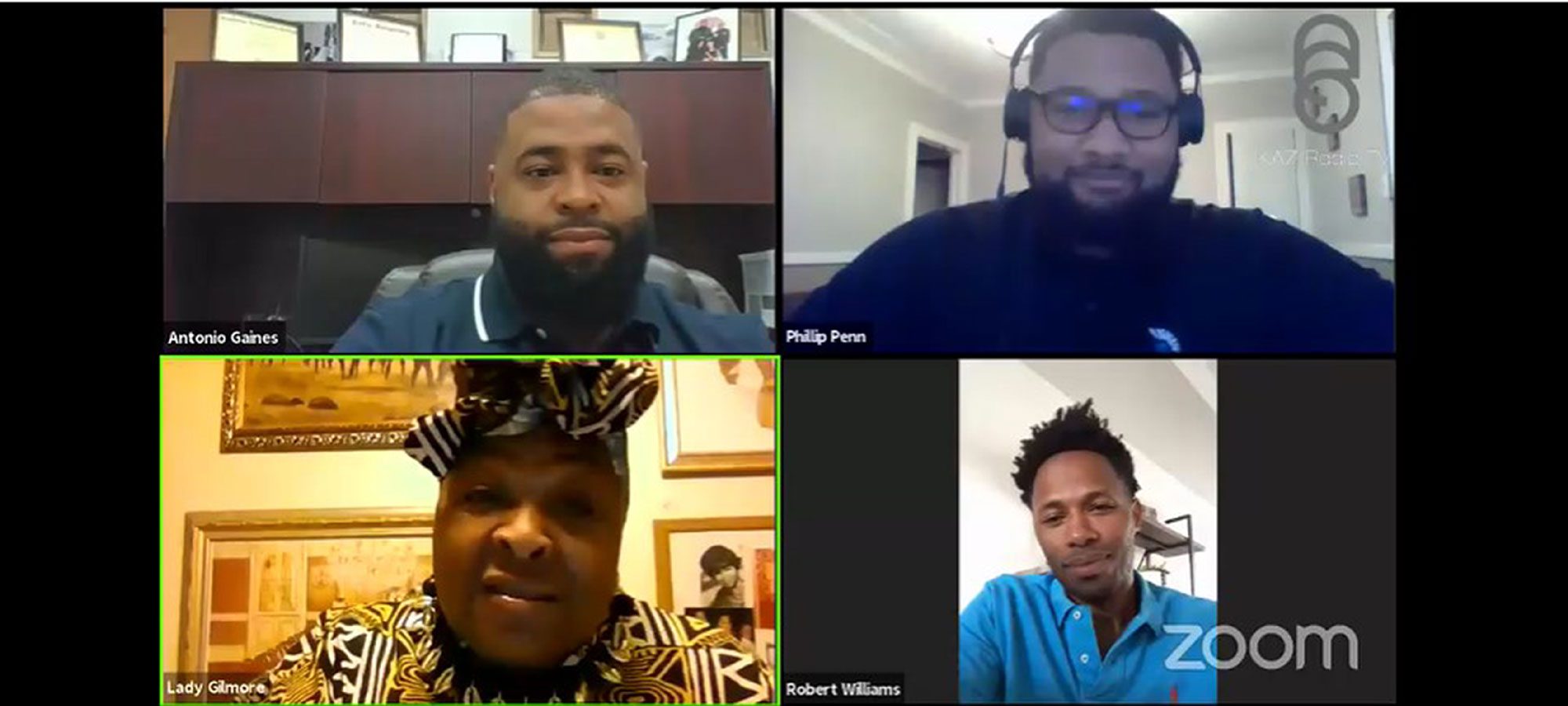 Four adults in a video conference call.