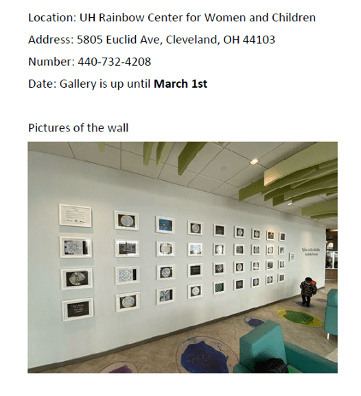 Gallery wall with framed art, child, and colorful seating.