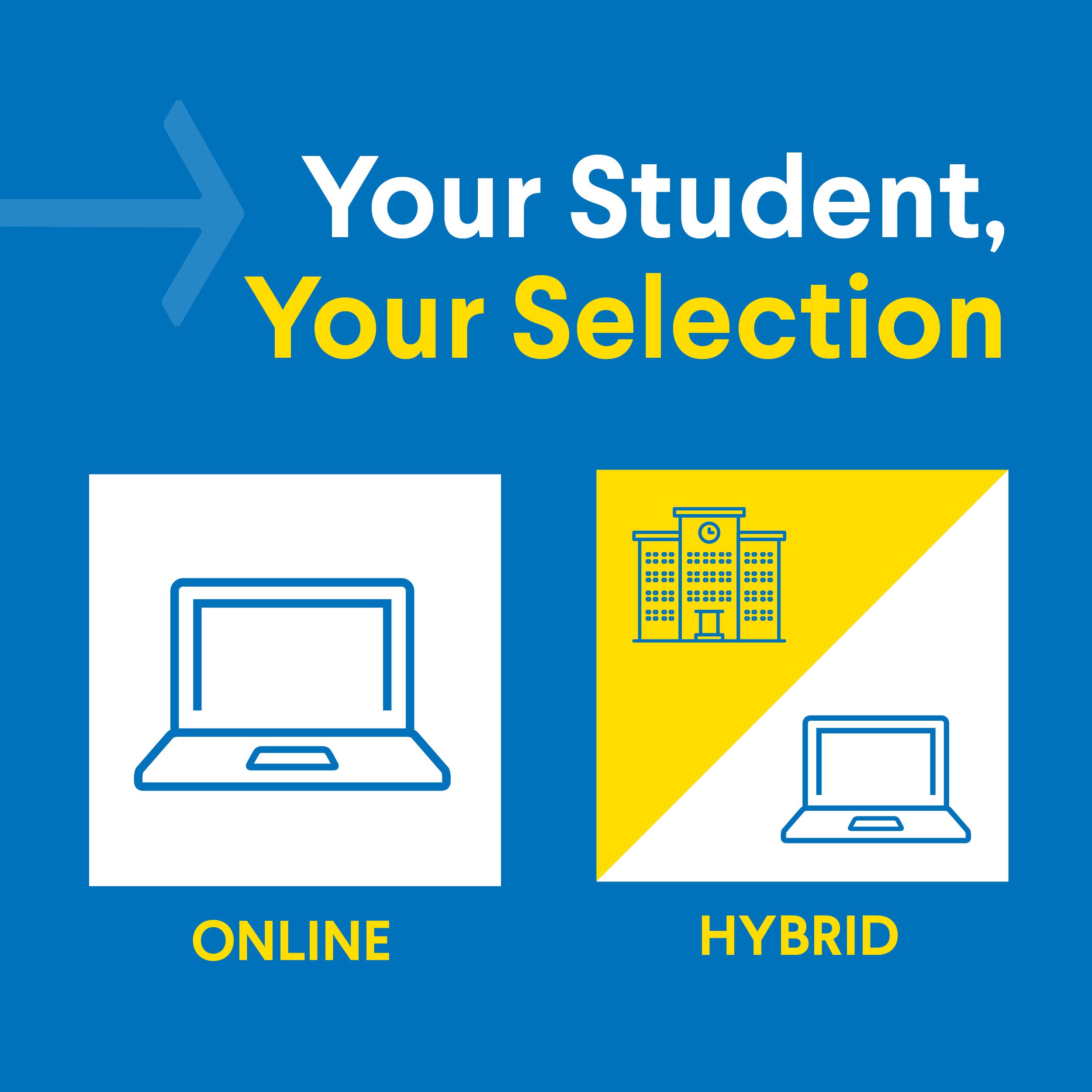 Illustration showing online and hybrid learning options with laptop and school icons.