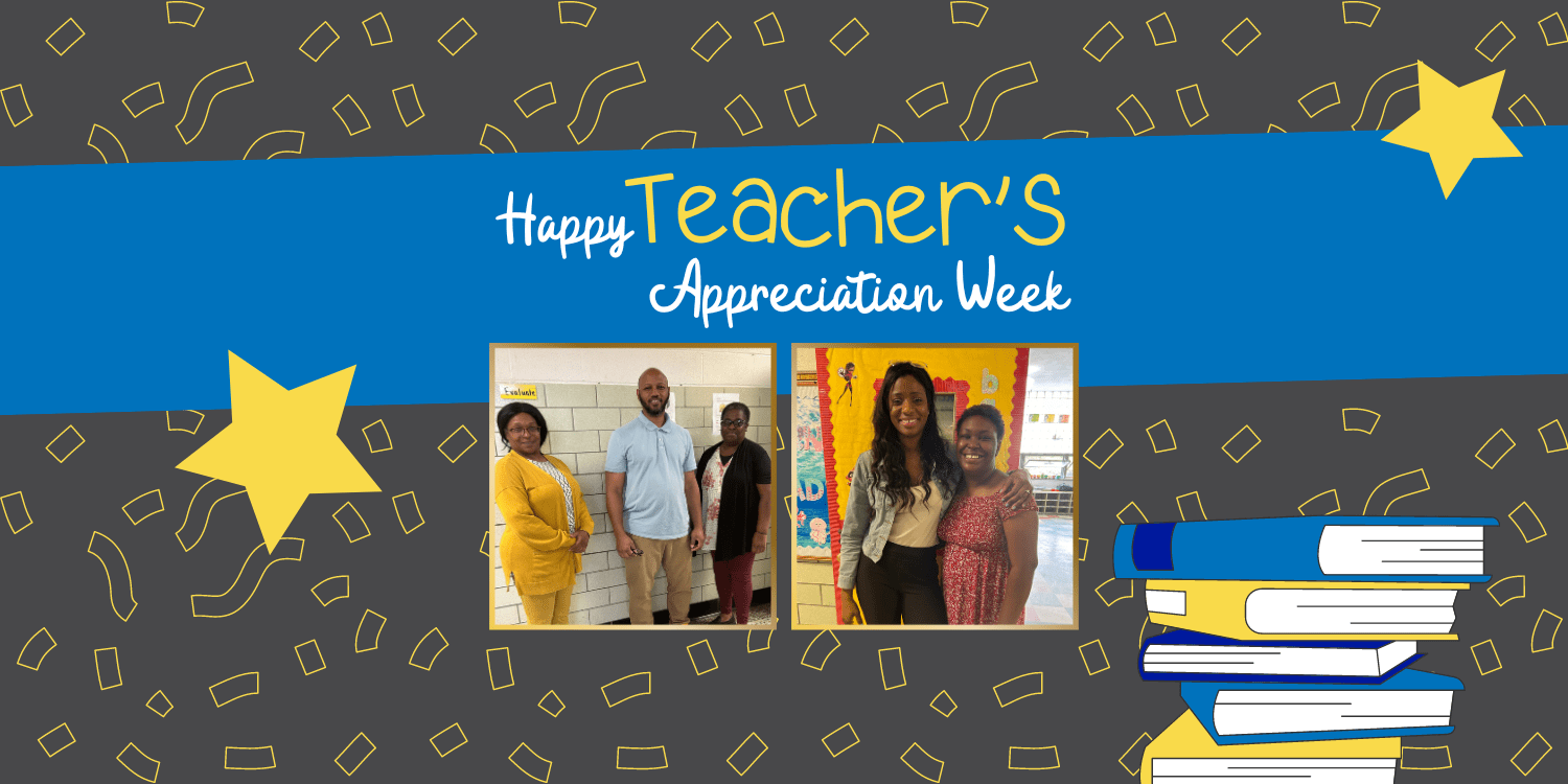 Teacher Appreciation Week graphic with photos of adults and books.