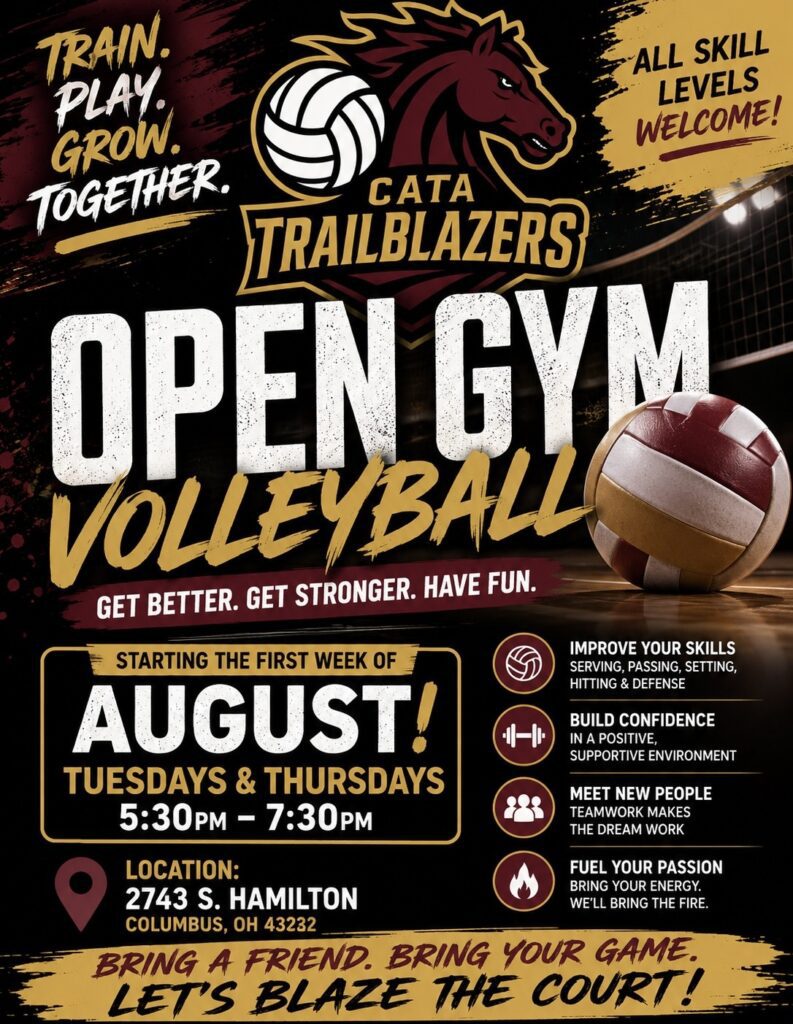 Flyer for CATA Trailblazers Open Gym Volleyball, all skill levels welcome.