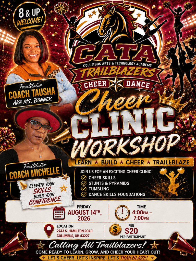 Flyer for a cheer and dance clinic with two adult women and cheerleaders.
