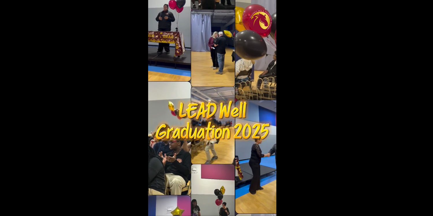 Collage of graduation event scenes with adults, balloons, and text.