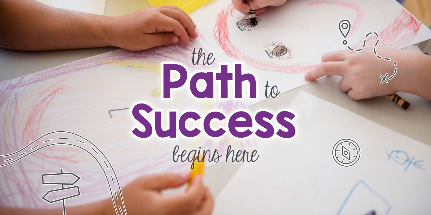 Children drawing with crayons, text about path to success.