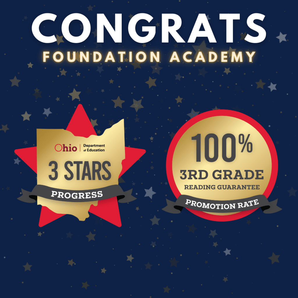 Foundation Academy achievements: 3 stars for progress and 100% 3rd-grade reading promotion.