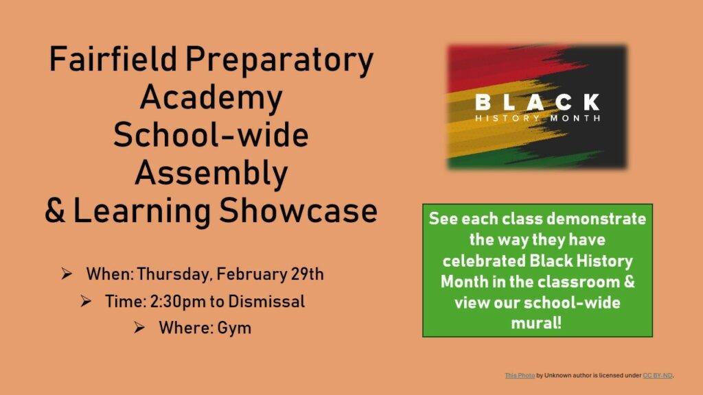 Flyer for school assembly and learning showcase, featuring Black History Month.