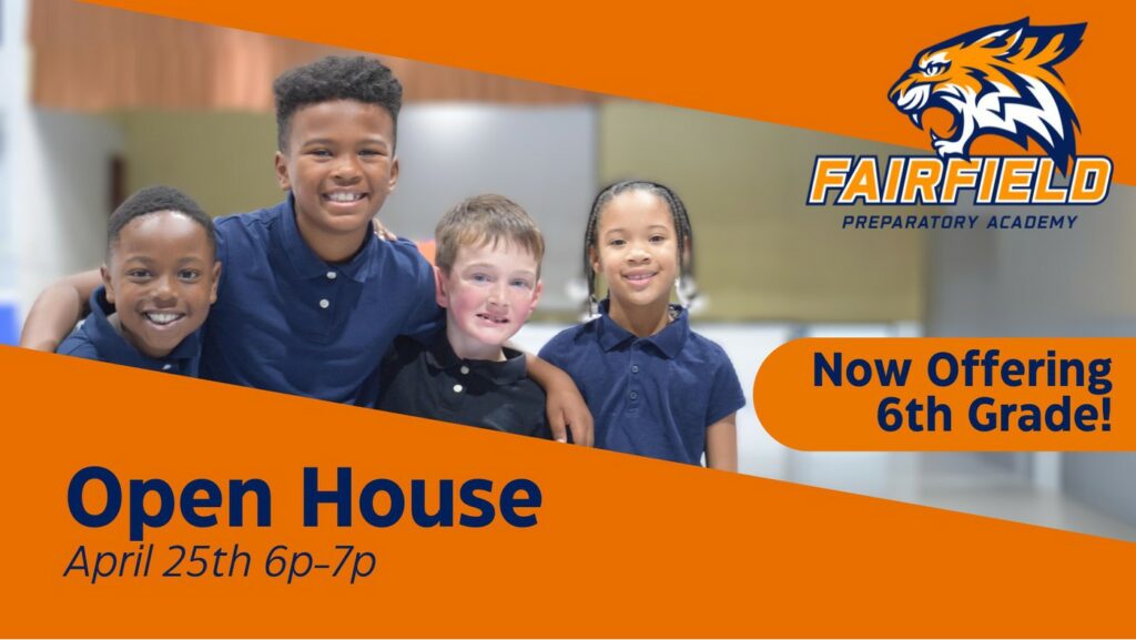 Fairfield Preparatory Academy flyer with four smiling children, advertising an open house.