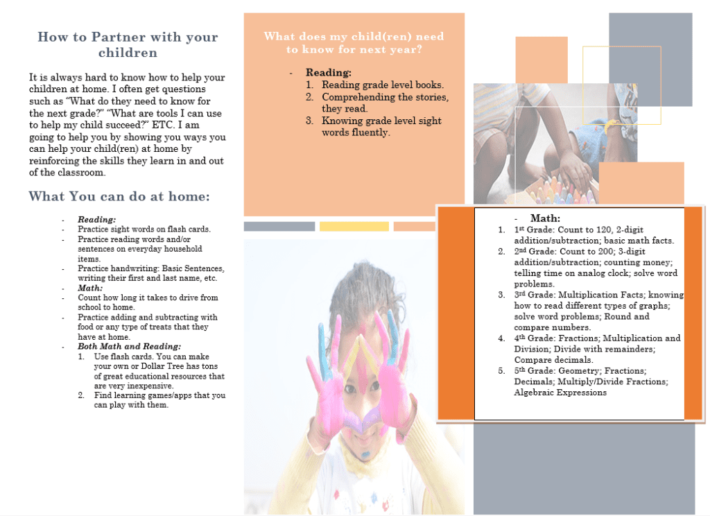 Flyer with tips for parents to help children with reading and math.