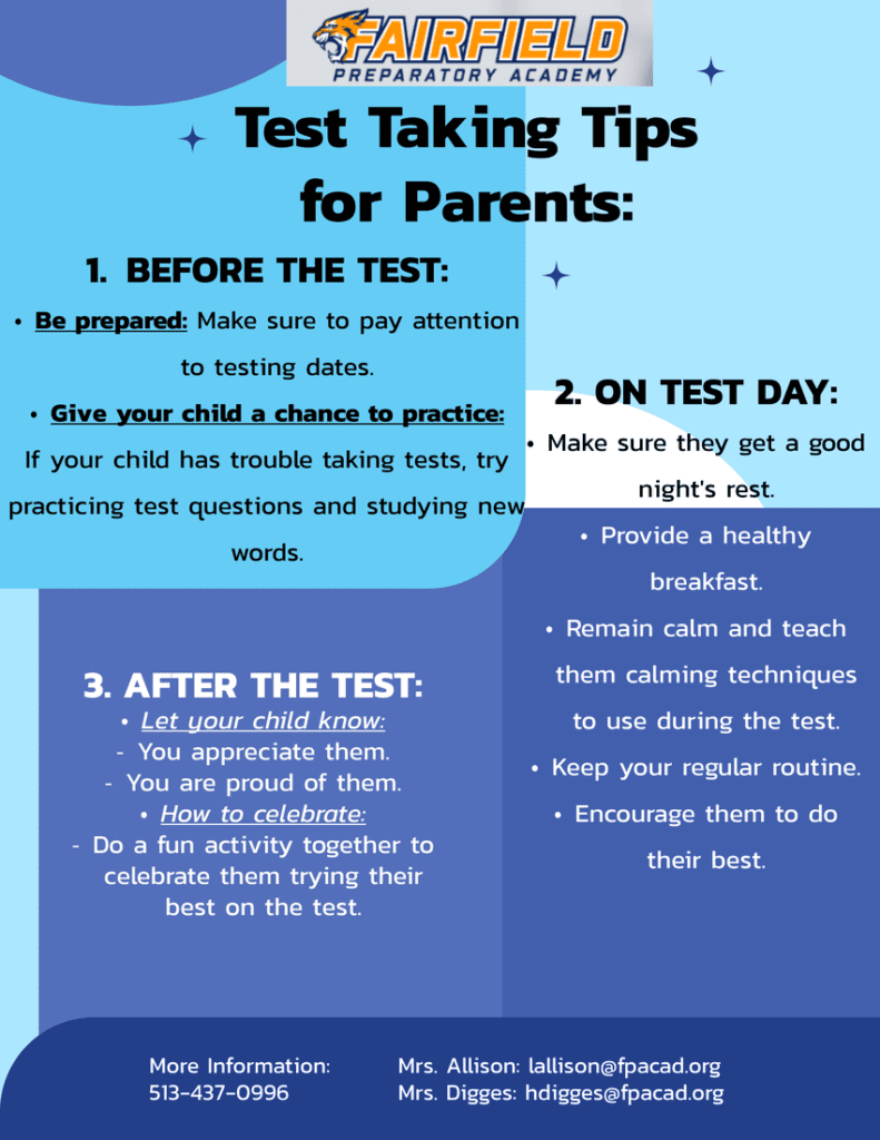 Flyer with test-taking tips for parents, covering before, during, and after the test.