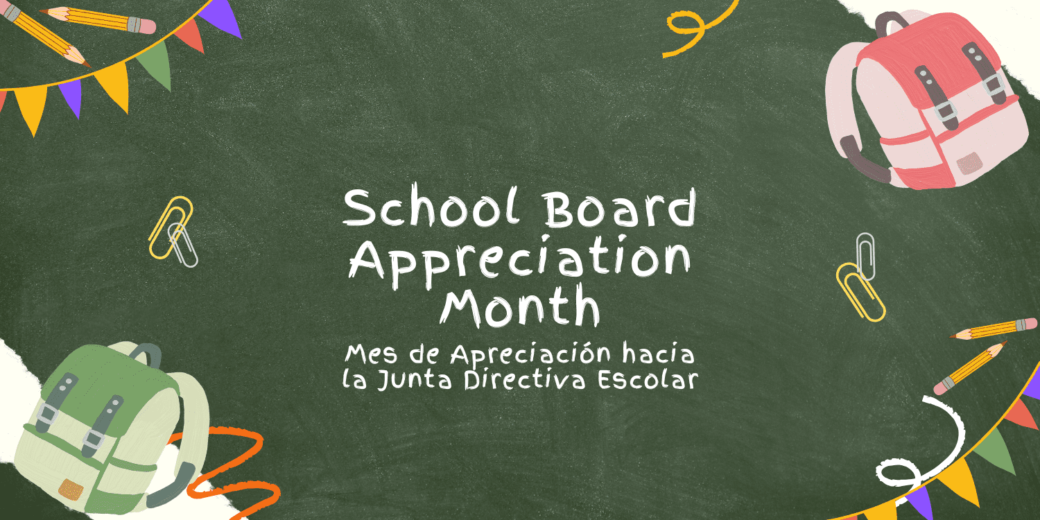 Chalkboard with school supplies and text: School Board Appreciation Month.