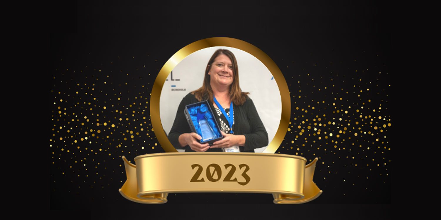 Adult holding an award in a celebratory graphic with gold confetti.