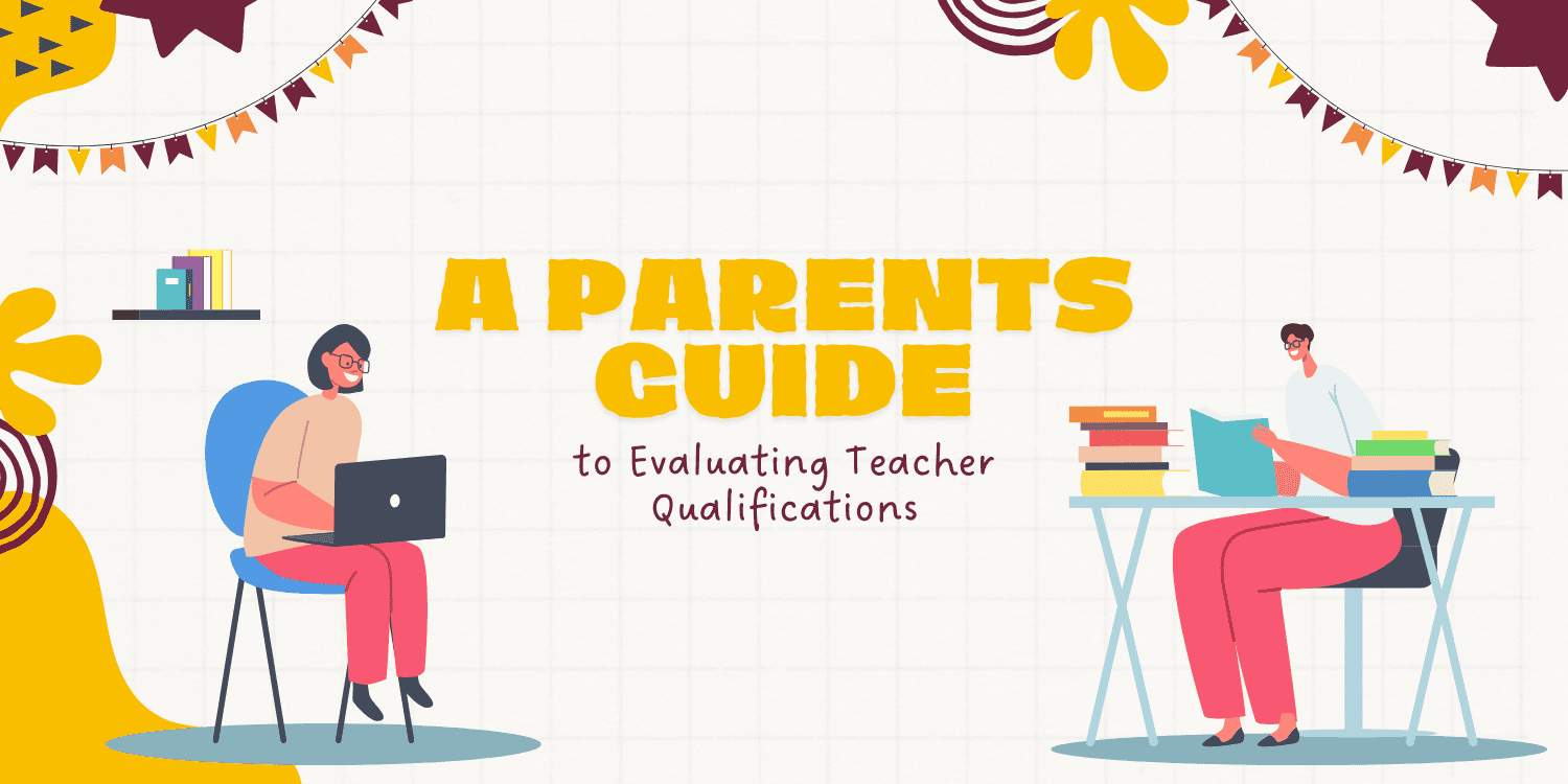 Illustration of adults with laptops and books, text: A Parent's Guide to Evaluating Teacher Qualifications.