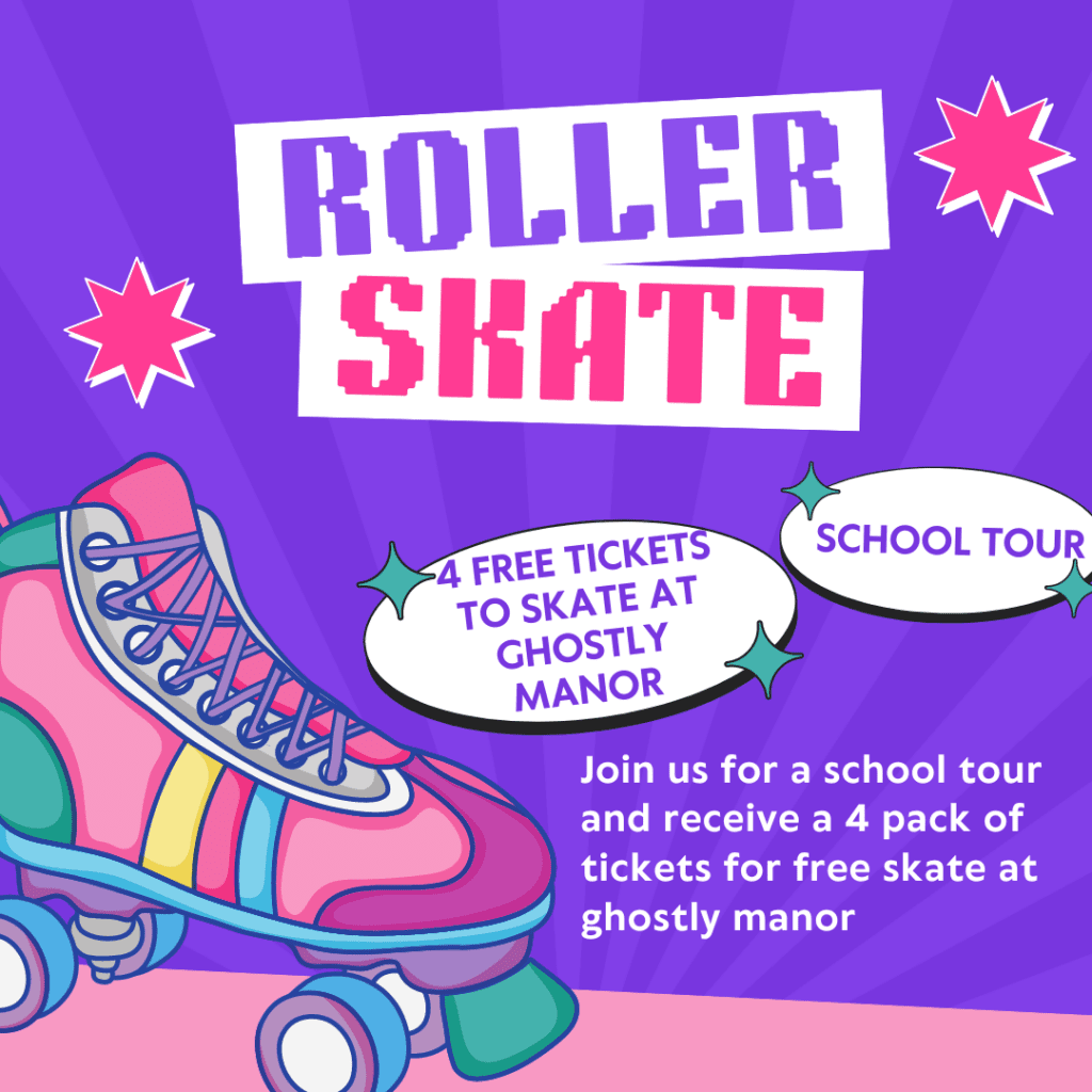 Flyer for roller skating event with free tickets for school tours.