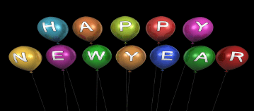 Colorful balloons spelling "HAPPY NEW YEAR" on a black background.